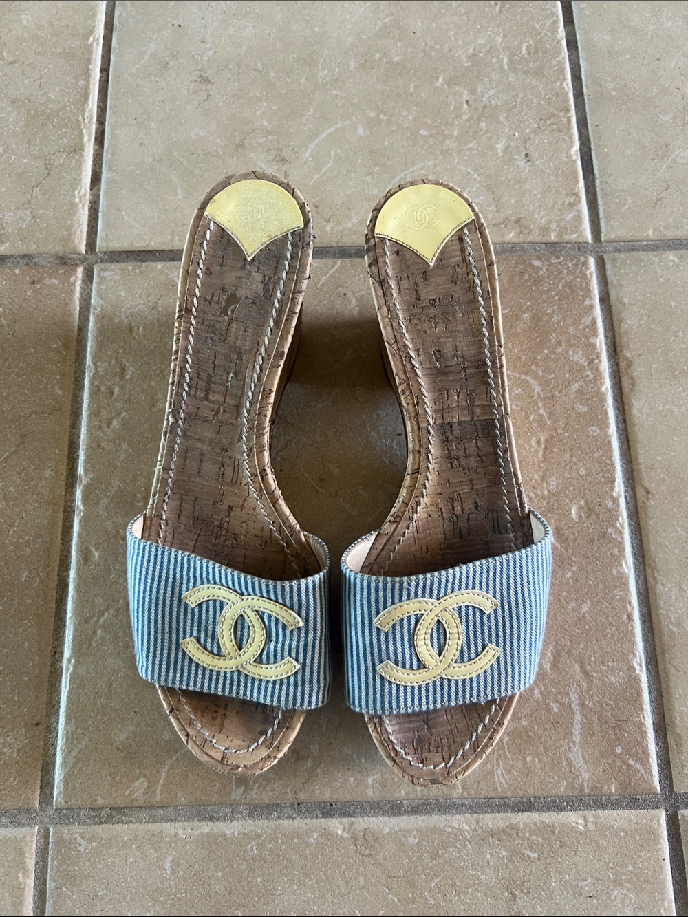 CHANEL Blue Corduroy Slides with Gold CC Emblems